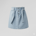 Kız Çocuk Yüksek Bel Kuşaklı Denim Etek - Açık Mavi
