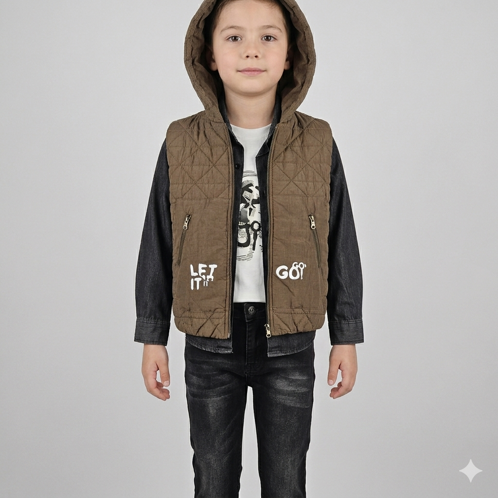 1777209988764 Erkek Çocuk Dörtlü Stil Seti: Kapüşonlu Yeşil Yelek, Denim Gömlek ve Antrasit Jean - Görsel 1