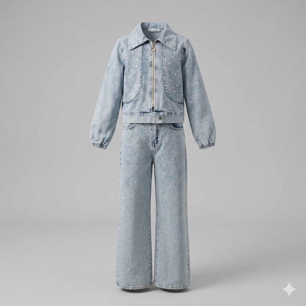 1777218643233 Kız Çocuk Taş İşlemeli Fermuarlı Denim Ceket ve Pantolon Takımı - Görsel 1