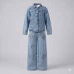 Kız Çocuk Çiçek Nakışlı ve Taş İşlemeli Denim Takım