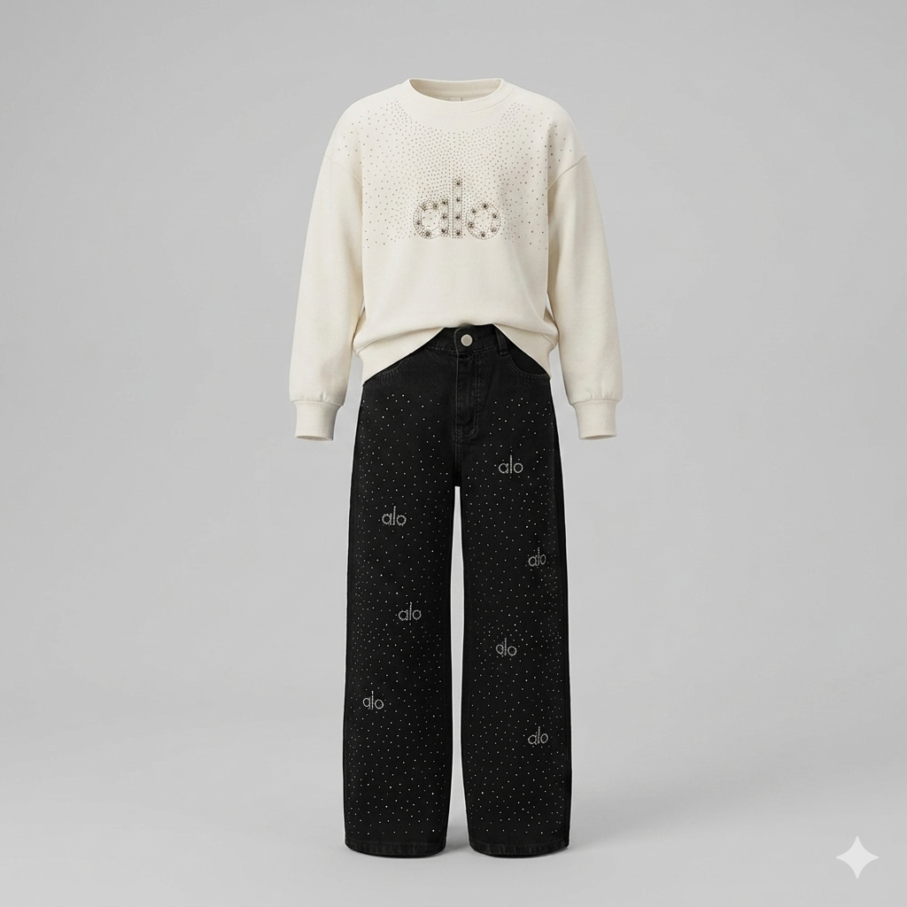 1777219985502 Kız Çocuk Taş İşlemeli Sweatshirt ve Jean Pantolon İkili Takım - Görsel 1