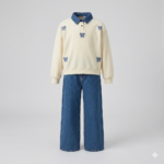 Kız Çocuk Denim Yakalı Fiyonk Detaylı Sweatshirt ve Jean Takım