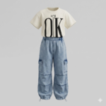 Kız Çocuk  Tişört ve Denim Cargo Jogger Takım | 6-9 Yaş