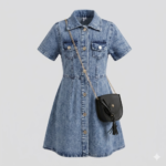 Kız Çocuk Kar Yıkama Denim Elbise ve Zincir Askılı Çanta Seti | 6-9 Yaş