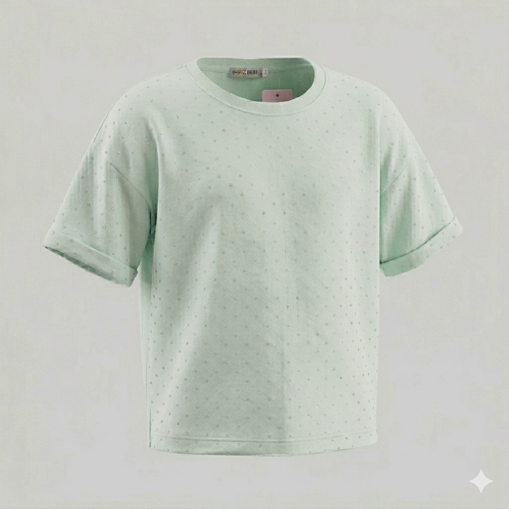 1777828988111 Taş Detaylı Oversize Crop Kız Tişört - Görsel 1